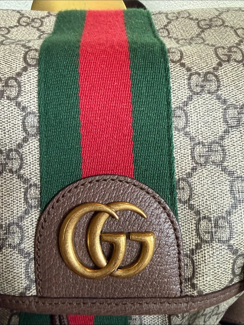 Gucci Brown GG Canvas Backpack with Sherry Line Green and Red